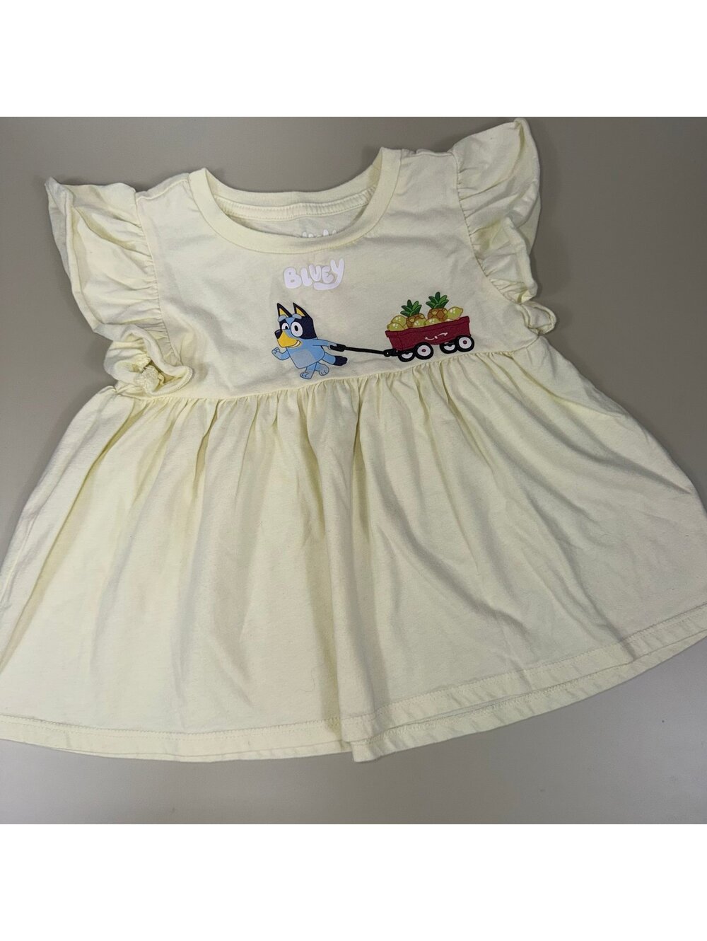 Bluey Toddler Girls Flutter Sleeve Peplum Top Size 4T Yellow Pineapple Wagon